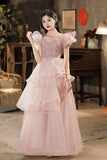 A-line Off Shoulder Tulle Sequins Long Prom Dress, Pink Sweet 16 Dress HZ1024