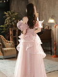 A-line Off Shoulder Tulle Sequins Long Prom Dress, Pink Sweet 16 Dress HZ1024