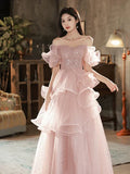 A-line Off Shoulder Tulle Sequins Long Prom Dress, Pink Sweet 16 Dress HZ1024