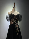 A-line Off Shoulder Tulle Velvet Long Prom Dress,Sequin Formal Evening Dress HZ1024