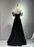 A-line Off Shoulder Tulle Velvet Long Prom Dress,Sequin Formal Evening Dress HZ1024