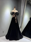 A-line Off Shoulder Tulle Velvet Long Prom Dress,Sequin Formal Evening Dress HZ1024