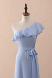 A-Line One-Shoulder Ruffled Chiffon Long Bridesmaid Dress Prom Dress HZ1024