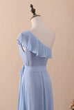 A-Line One-Shoulder Ruffled Chiffon Long Bridesmaid Dress Prom Dress HZ1024