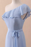 A-Line One-Shoulder Ruffled Chiffon Long Bridesmaid Dress Prom Dress HZ1024