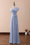 A-Line One-Shoulder Ruffled Chiffon Long Bridesmaid Dress Prom Dress HZ1024