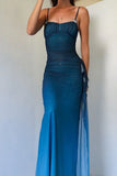 Gradient Blue Mermaid Gown for Party&Quinceanera- Spaghetti Straps Glitter Chiffon Long Prom&Evening Dress HZ1024