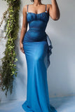 Gradient Blue Mermaid Gown for Party&Quinceanera- Spaghetti Straps Glitter Chiffon Long Prom&Evening Dress HZ1024