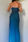 Gradient Blue Mermaid Gown for Party&Quinceanera- Spaghetti Straps Glitter Chiffon Long Prom&Evening Dress HZ1024