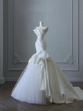 Strapless Mermaid Wedding Dresses, Tulle Satin Tender Sleeveless Bridal Gowns HZ1024