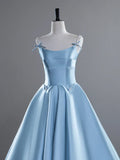 A-Line Spaghetti Straps Satin Long Prom Dress, Blue Long Evening Dress HZ1024