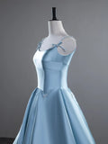 A-Line Spaghetti Straps Satin Long Prom Dress, Blue Long Evening Dress HZ1024