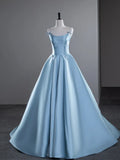 A-Line Spaghetti Straps Satin Long Prom Dress, Blue Long Evening Dress HZ1024