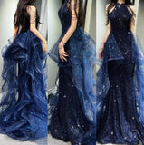 A-Line Halter Sparkly Sequins Long Prom Dresses Navy Blue Evening Dresses HZ1024