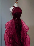A-Line Halter Sparkly Sequins Long Prom Dresses Navy Blue Evening Dresses HZ1024