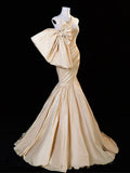 One Shoulder Satin Champagne Long Prom Dress, Champagne Long Evening Dress HZ1024
