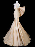 One Shoulder Satin Champagne Long Prom Dress, Champagne Long Evening Dress HZ1024