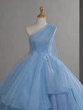 One Shoulder Tulle Blue Long Prom Dress, Blue Long Evening Dress HZ1024