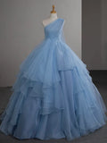 One Shoulder Tulle Blue Long Prom Dress, Blue Long Evening Dress HZ1024