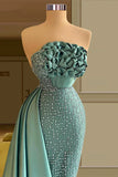Strapless Long Green Satin Mermaid Sleeveless Beading Prom Dresses With Ruffles Long HZ1024