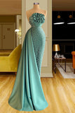 Strapless Long Green Satin Mermaid Sleeveless Beading Prom Dresses With Ruffles Long HZ1024