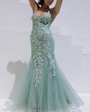 Blue Spaghetti Straps Lace Appliques Mermaid V-Neck Tulle Long Prom Dress HZ1024