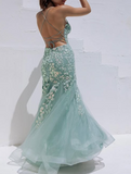 Blue Spaghetti Straps Lace Appliques Mermaid V-Neck Tulle Long Prom Dress HZ1024