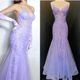 Blue Spaghetti Straps Lace Appliques Mermaid V-Neck Tulle Long Prom Dress HZ1024