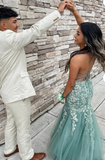 Blue Spaghetti Straps Lace Appliques Mermaid V-Neck Tulle Long Prom Dress HZ1024