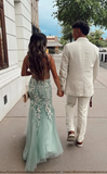 Blue Spaghetti Straps Lace Appliques Mermaid V-Neck Tulle Long Prom Dress HZ1024