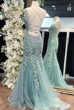 Blue Spaghetti Straps Lace Appliques Mermaid V-Neck Tulle Long Prom Dress HZ1024