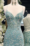 Blue Spaghetti Straps Lace Appliques Mermaid V-Neck Tulle Long Prom Dress HZ1024