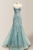 Blue Spaghetti Straps Lace Appliques Mermaid V-Neck Tulle Long Prom Dress HZ1024