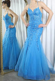 Blue Spaghetti Straps Lace Appliques Mermaid V-Neck Tulle Long Prom Dress HZ1024