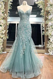 Blue Spaghetti Straps Lace Appliques Mermaid V-Neck Tulle Long Prom Dress HZ1024