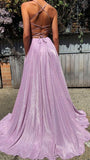 A-Line Pink Sequin Prom Dresses V Neck Evening Dress HZ1024