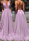 A-Line Pink Sequin Prom Dresses V Neck Evening Dress HZ1024