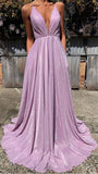 A-Line Pink Sequin Prom Dresses V Neck Evening Dress HZ1024