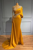 Jewel Asymmetric Satin Beading Long Sleeves Evening Prom Dresses with Appliques HZ1024