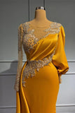 Jewel Asymmetric Satin Beading Long Sleeves Evening Prom Dresses with Appliques HZ1024