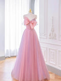 A-line Pink Tulle Long Prom Dress with Bow, Pink Formal Dresses HZ1024