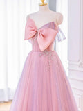 A-line Pink Tulle Long Prom Dress with Bow, Pink Formal Dresses HZ1024