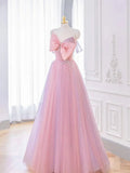 A-line Pink Tulle Long Prom Dress with Bow, Pink Formal Dresses HZ1024
