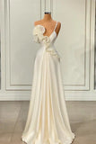 A-line One Shoulder White Satin Evening Prom Dress with Ruffles HZ1024