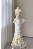 Wedding Dress Elegant Mermaid Strapless Tulle Lace Long Prom Dress Applique Evening Dress HZ1024