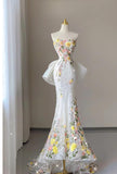 Wedding Dress Elegant Mermaid Strapless Tulle Lace Long Prom Dress Applique Evening Dress HZ1024