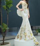 Wedding Dress Elegant Mermaid Strapless Tulle Lace Long Prom Dress Applique Evening Dress HZ1024