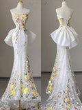 Wedding Dress Elegant Mermaid Strapless Tulle Lace Long Prom Dress Applique Evening Dress HZ1024