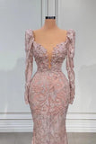 Pink V-neck Lace Mermaid Prom Dress Evening Gowns With Long Sleeves HZ1024