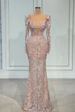 Pink V-neck Lace Mermaid Prom Dress Evening Gowns With Long Sleeves HZ1024